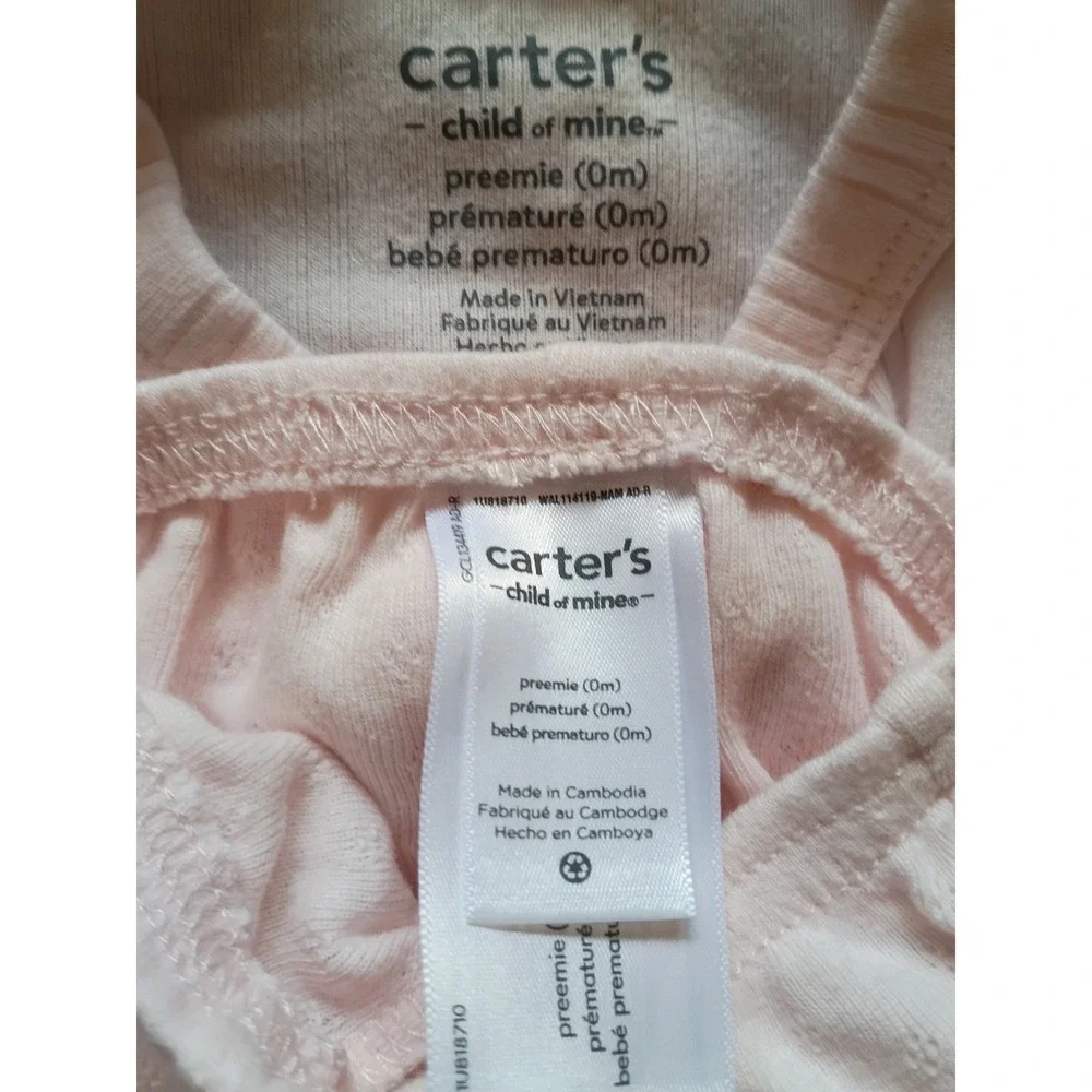Carters Child of Mine Preemie 3pc SetPink Ribbed Side Snap TopPants Hat 1U818710